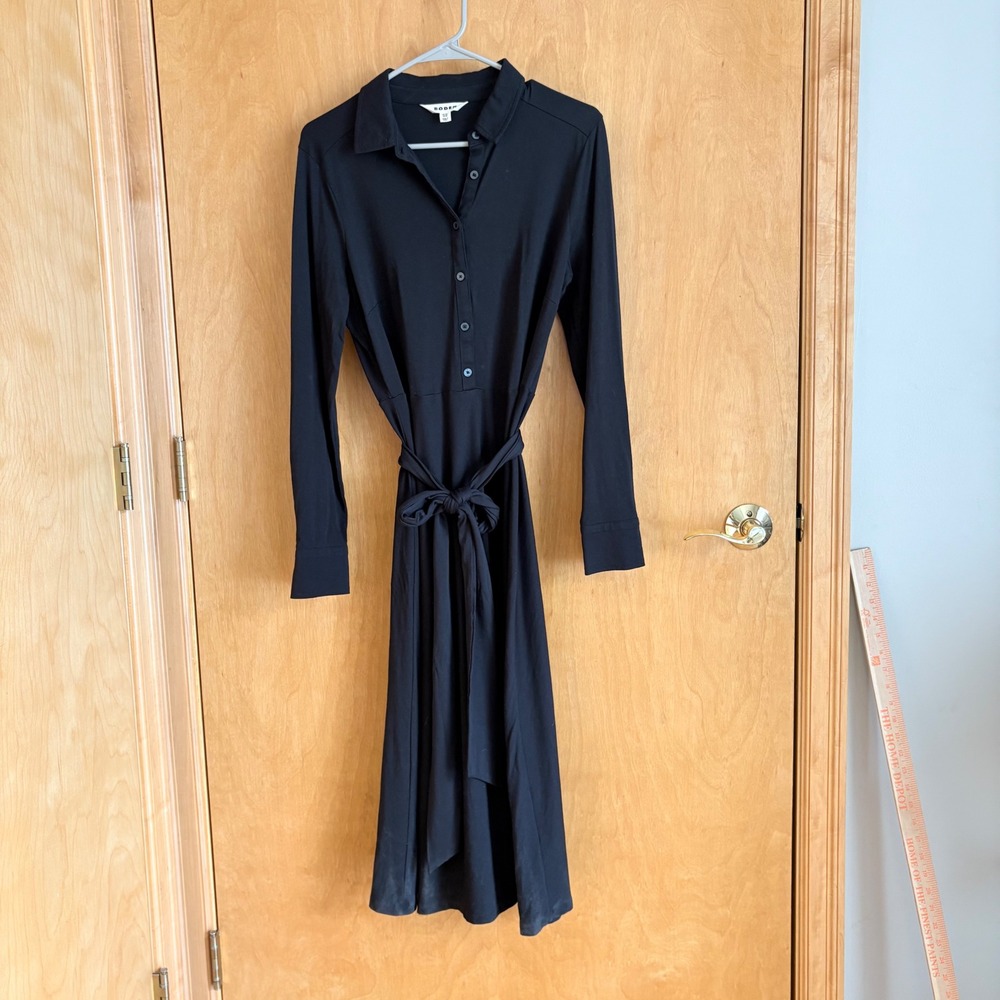 Boden Shirt Dress Women 8R Black Long Sleeve Tencel Cotton Midi Tie Waist D1069
